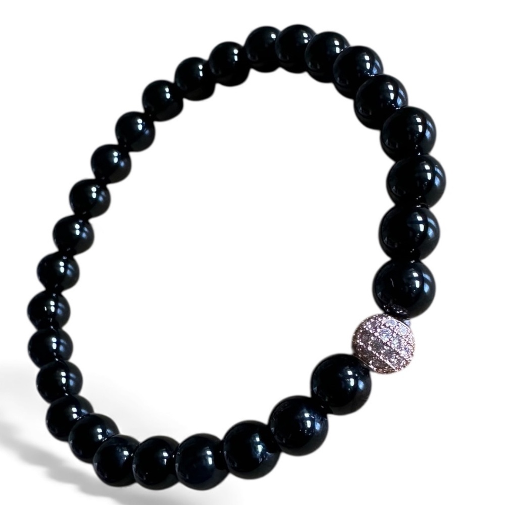Polished 6mm Onyx Stretch Bracelet w/ Rose Gold Crystal Pave Ball Spacer
